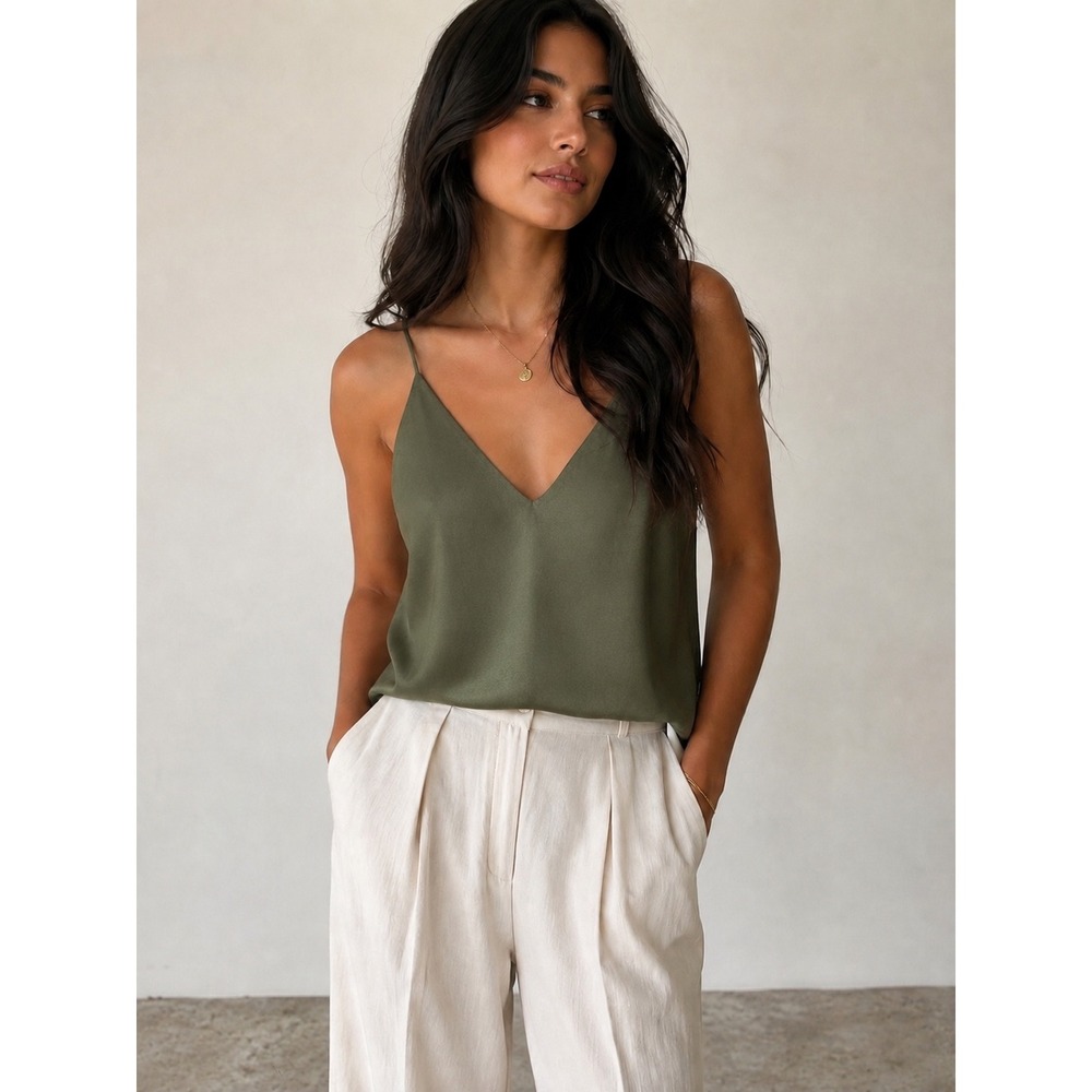 Socialite Olive Green Satin Cami Tank Top Women's Medium Minimalist Silky V-Neck